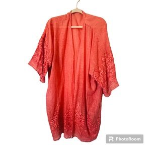 HEAVILY EMBROIDERED Floral Salmon Open Front Lightweight Cardigan Top M-L A2